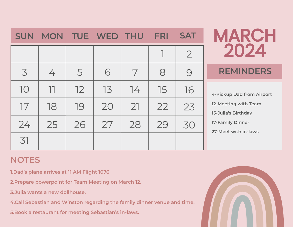Pink March 2024 Calendar Template