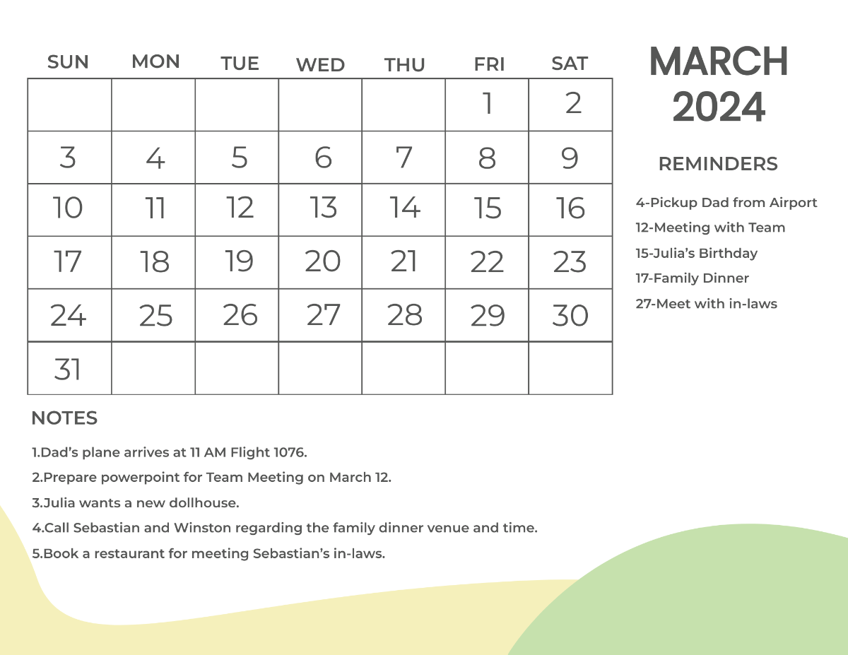 Simple March 2024 Calendar Template