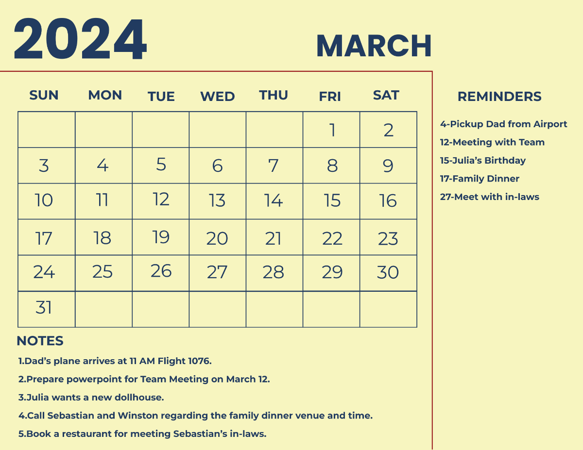 Printable March 2024 Monthly Calendar Template