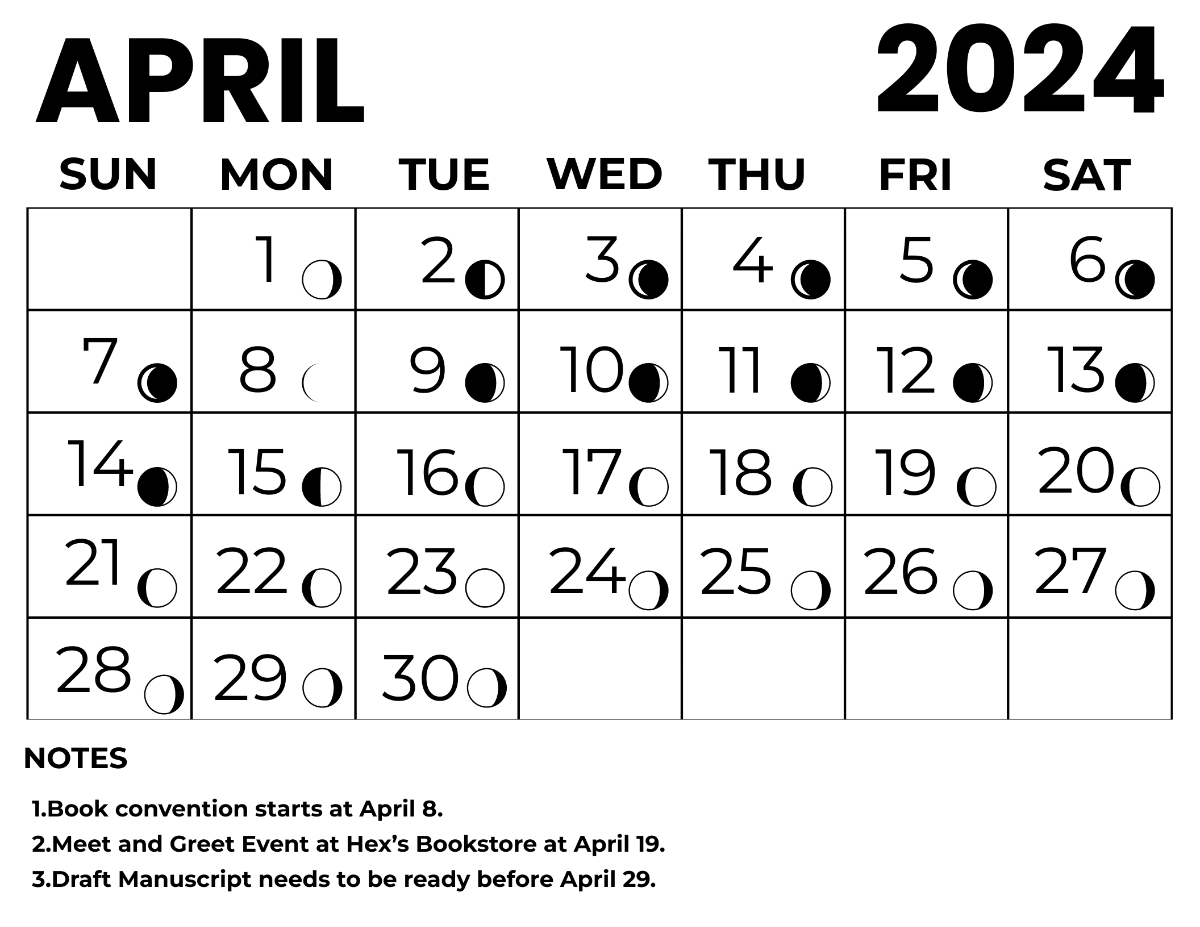 April 2024 Calendar With Moon Phases Template