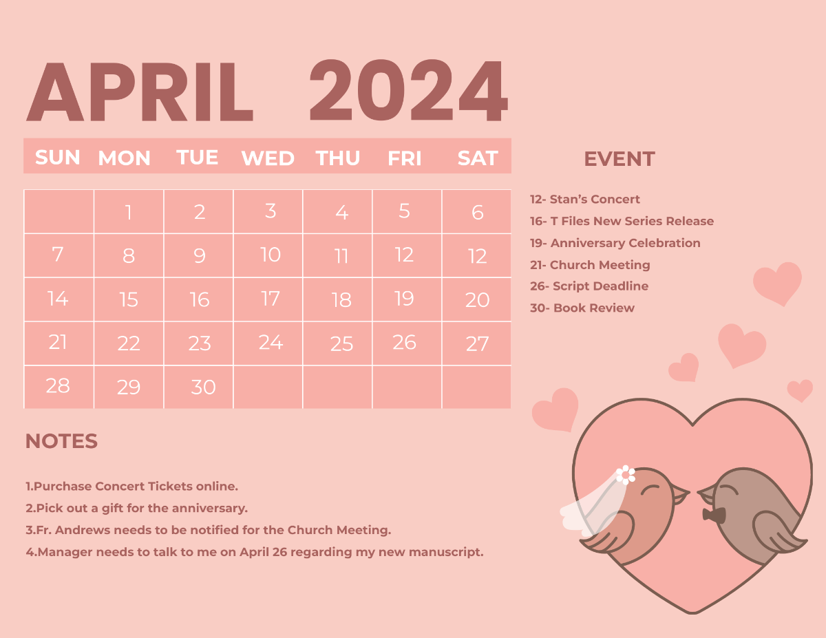 Cute April 2024 Calendar Template