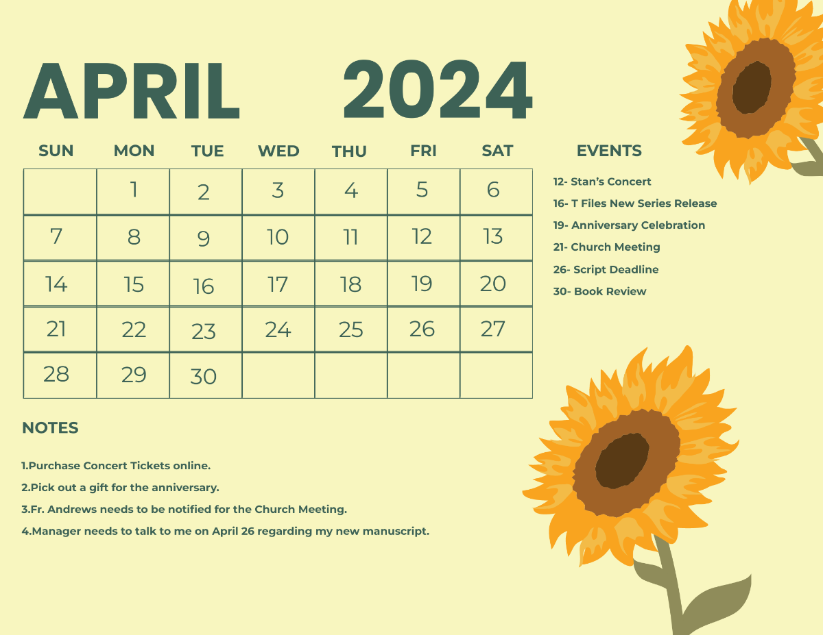 Pretty April 2024 Calendar Template