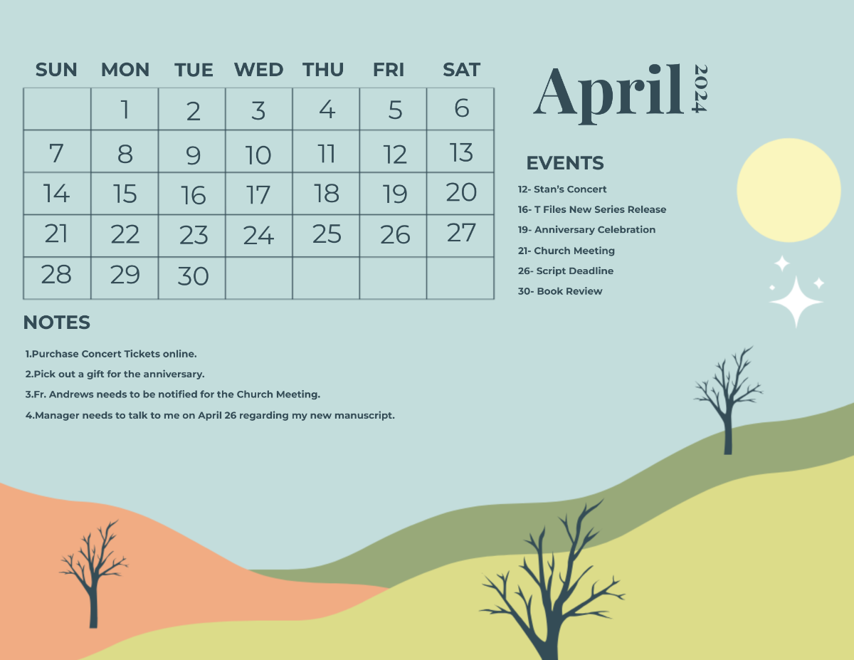 Colorful April 2024 Calendar Template