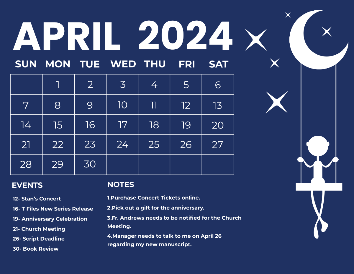 Blue April 2024 Calendar Template