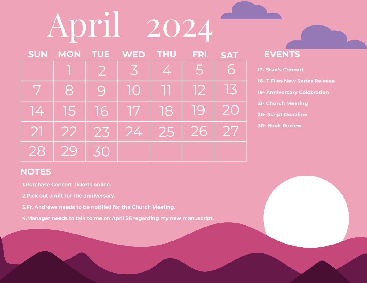 Pink April 2024 Calendar Template