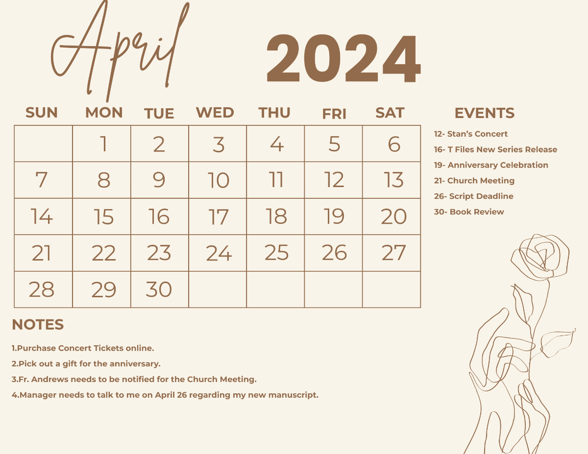Calligraphy April 2024 Calendar Template