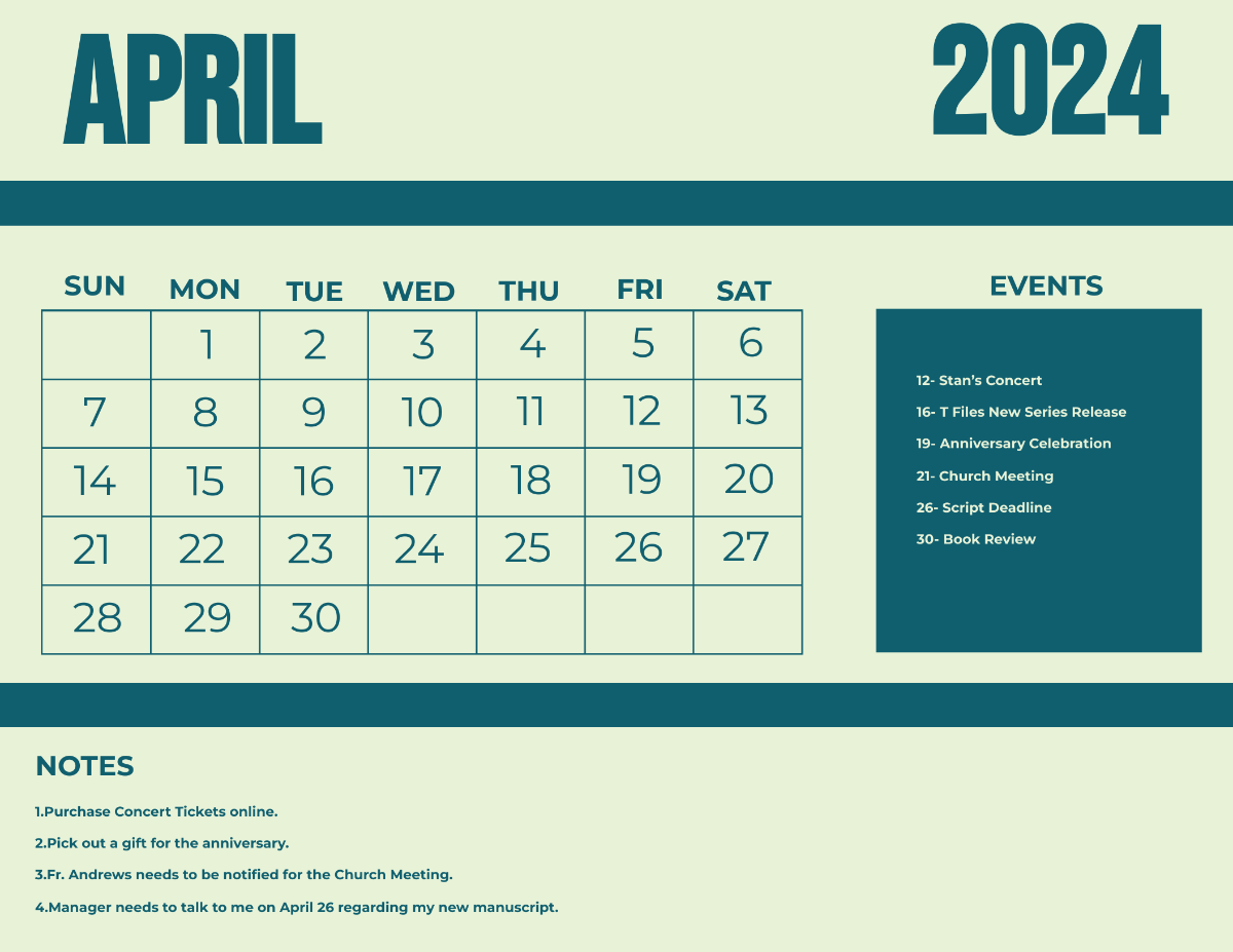 Printable April 2024 Monthly Calendar Template