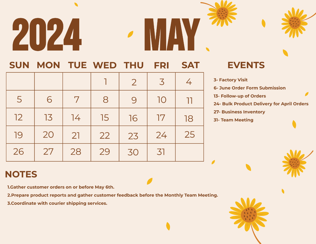 Floral May 2024 Calendar Template