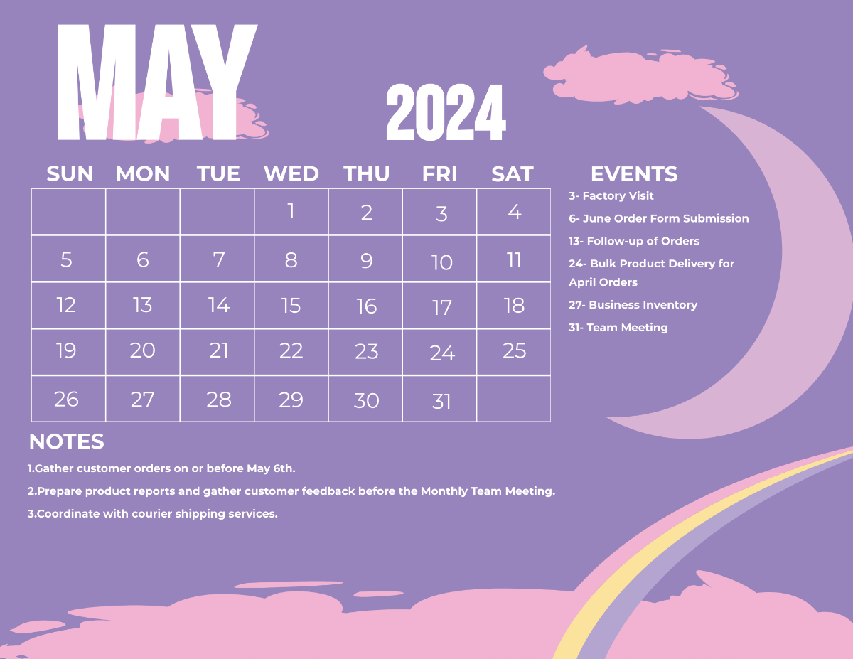 Pretty May 2024 Calendar Template
