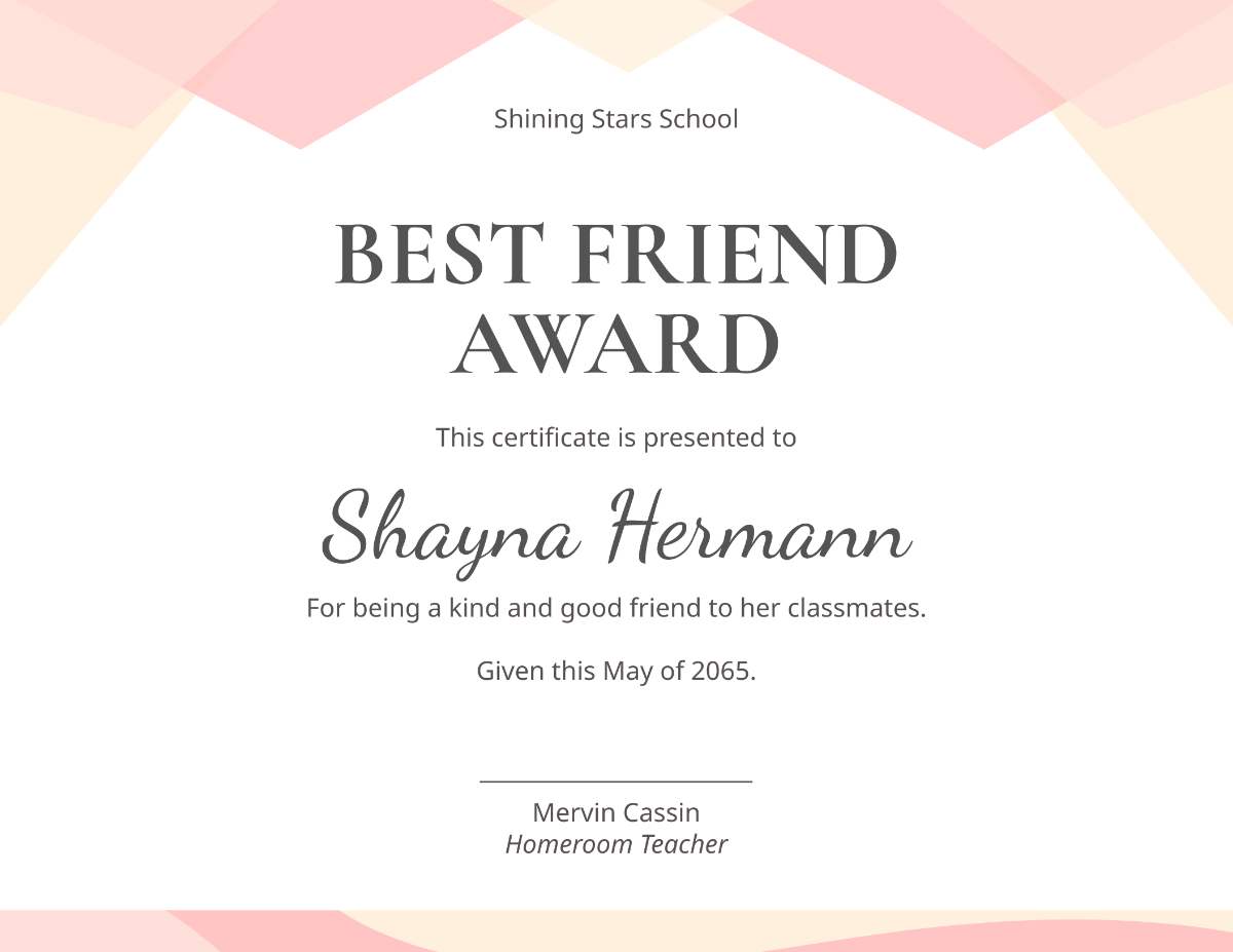 Best Class Friend certificate
