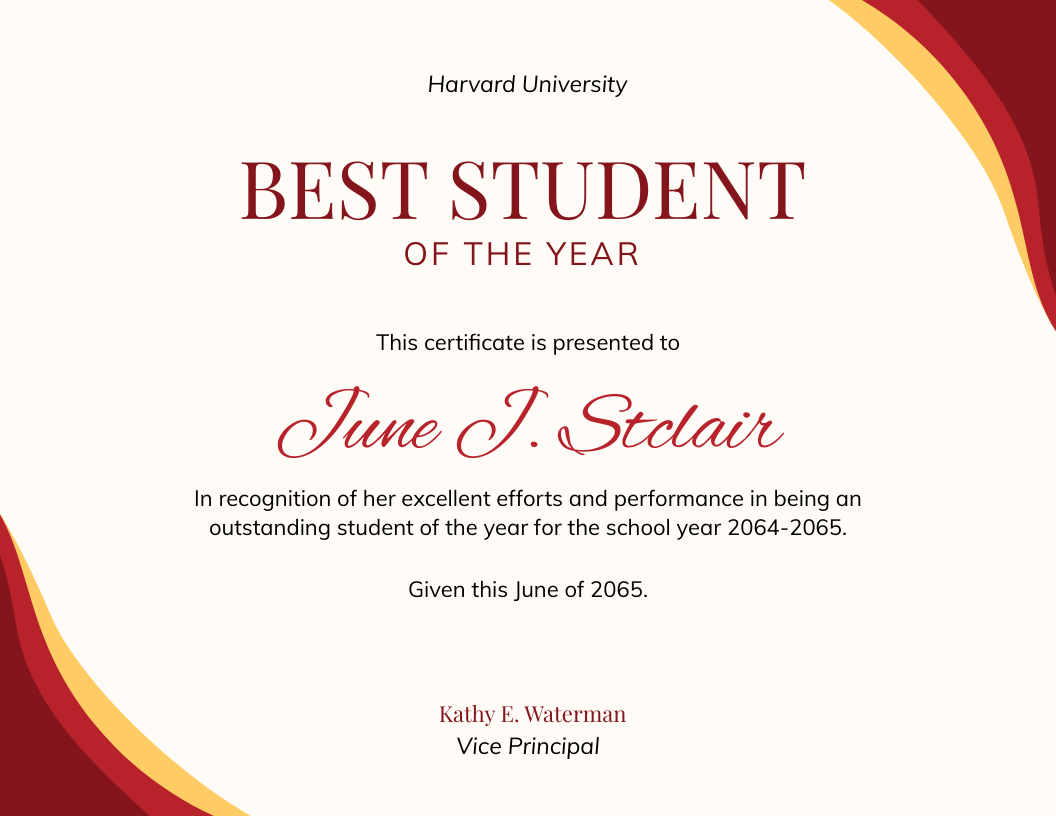Certificate of Recognition Best Student