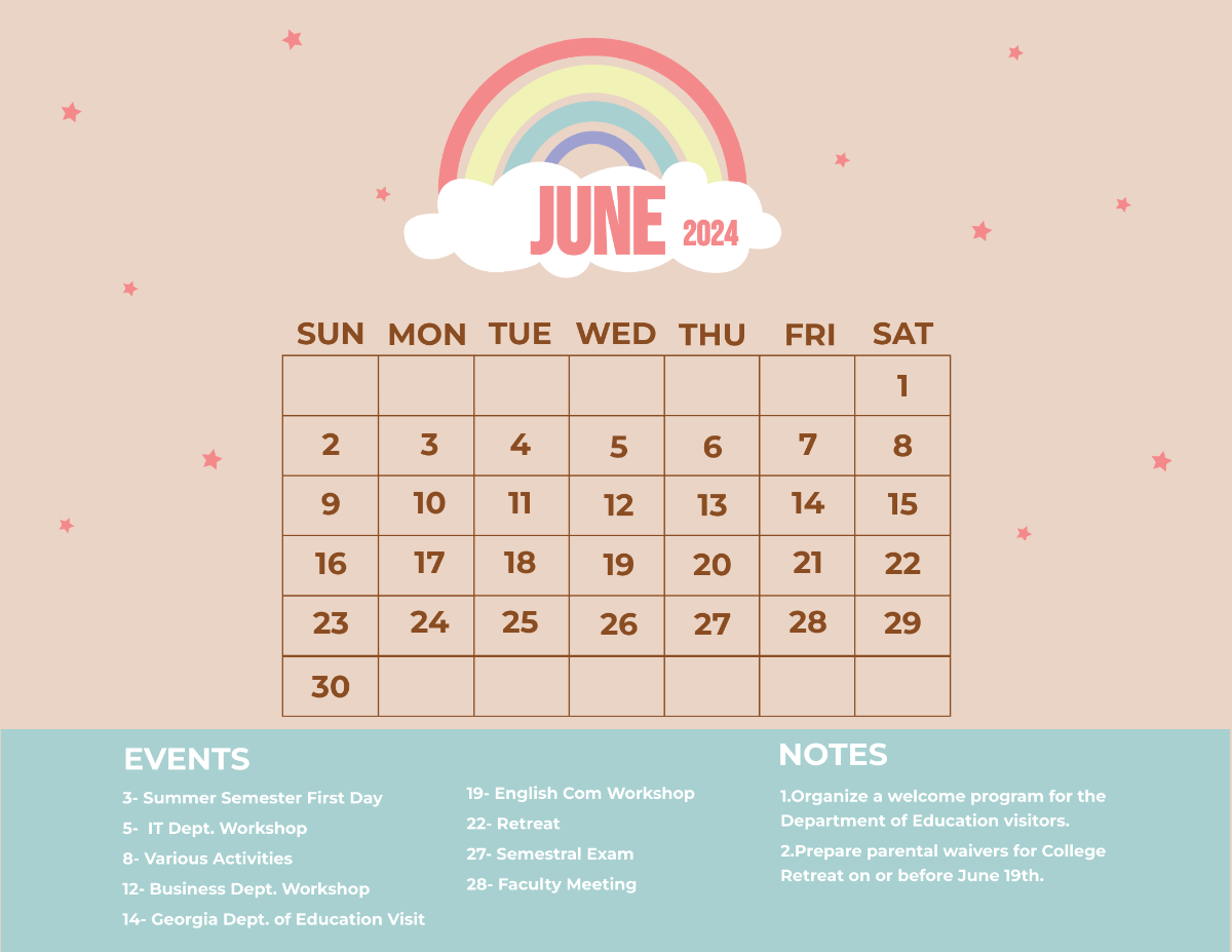 Cute June 2024 Calendar Template