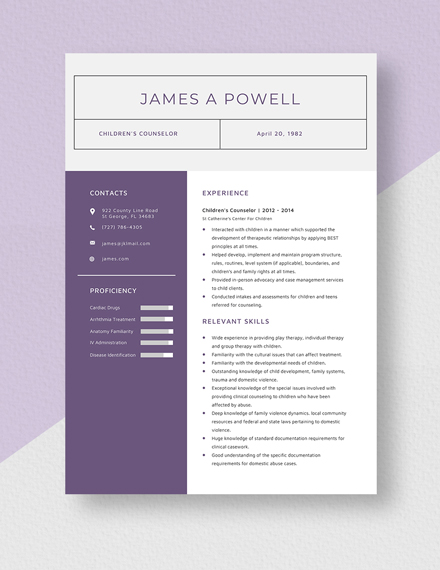 Childrens Counselor Resume Template