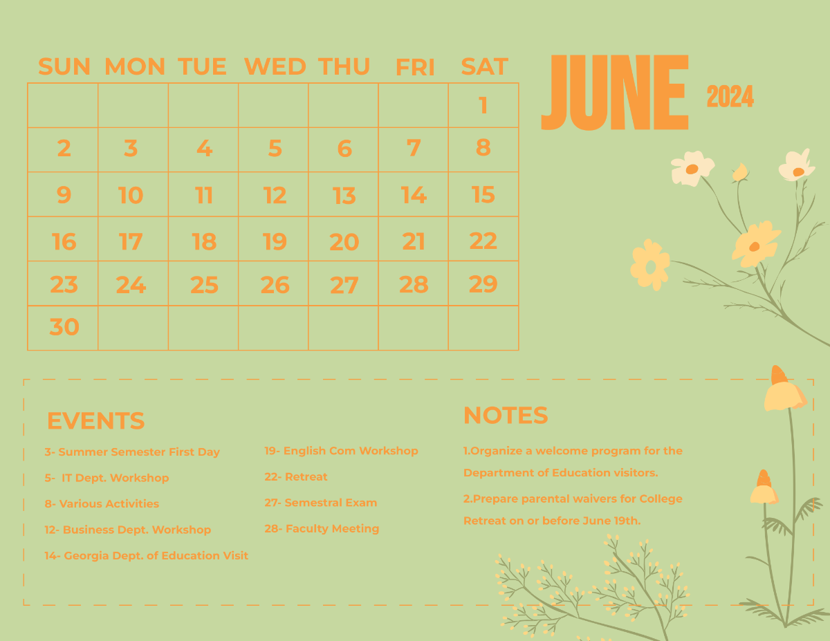 Floral June 2024 Calendar Template