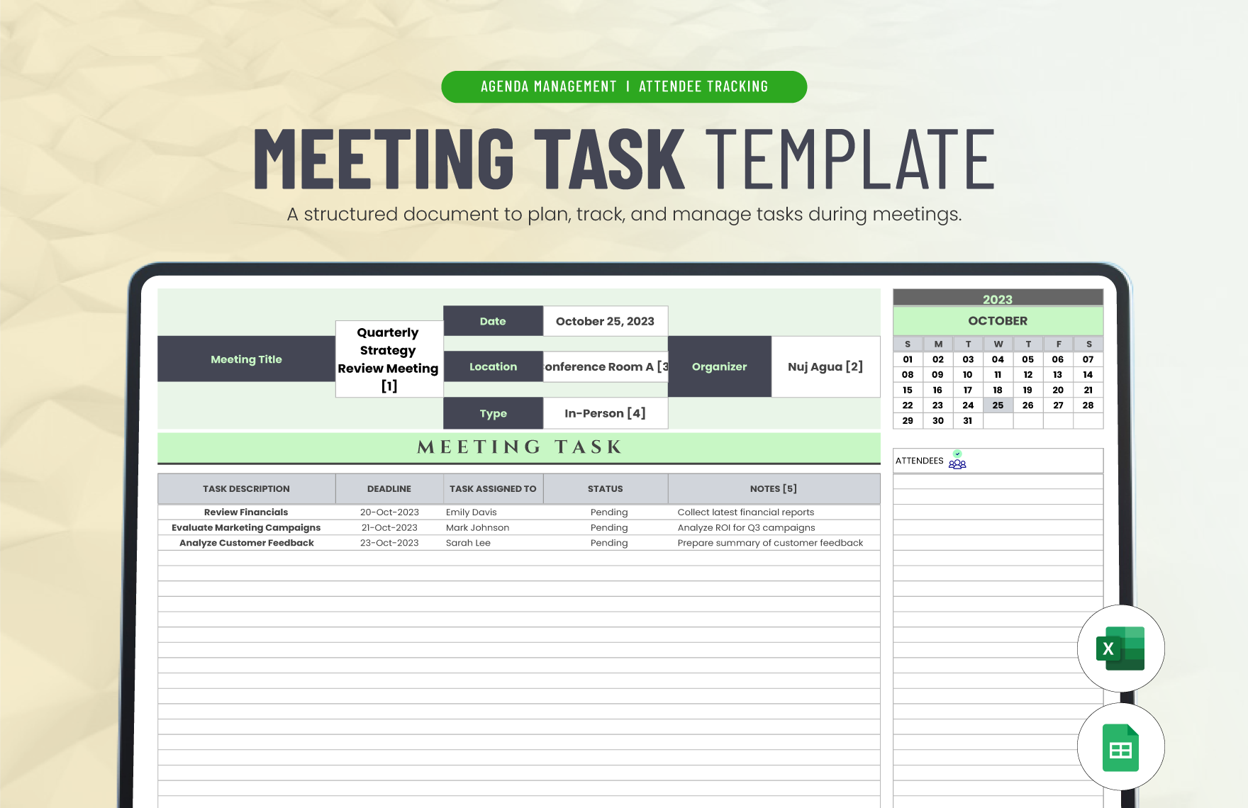 Meeting Task Template in Excel, Google Sheets - Download | Template.net