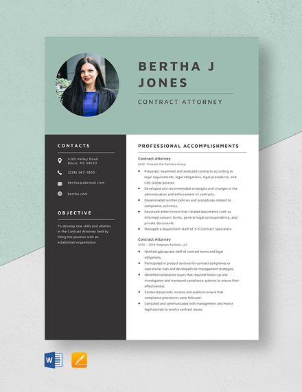 Contract Attorney Resume Template - Word, Apple Pages