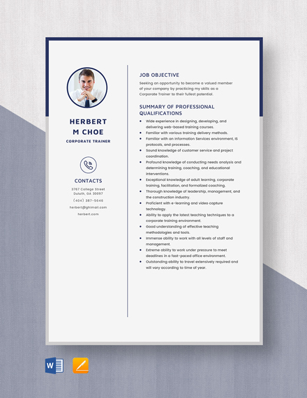 Corporate Trainer Resume Template - Word, Apple Pages