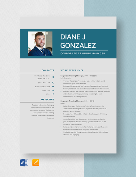 Corporate Training Manager Resume Template - Word, Apple Pages