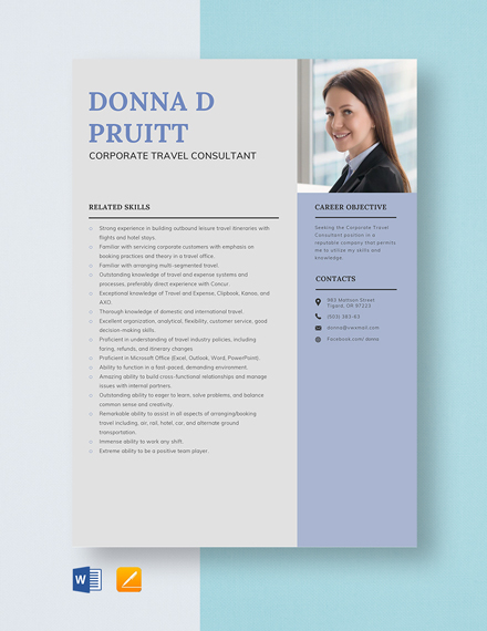 Corporate Travel Consultant Resume Template - Word, Apple Pages