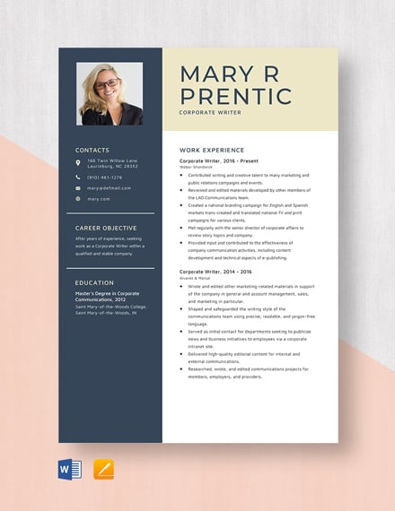 Corporate Writer Resume Template - Word, Apple Pages