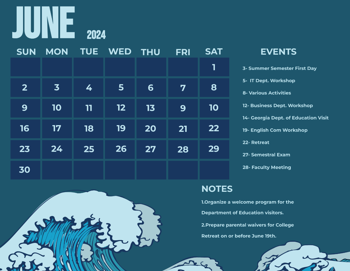 Blue June 2024 Calendar Template