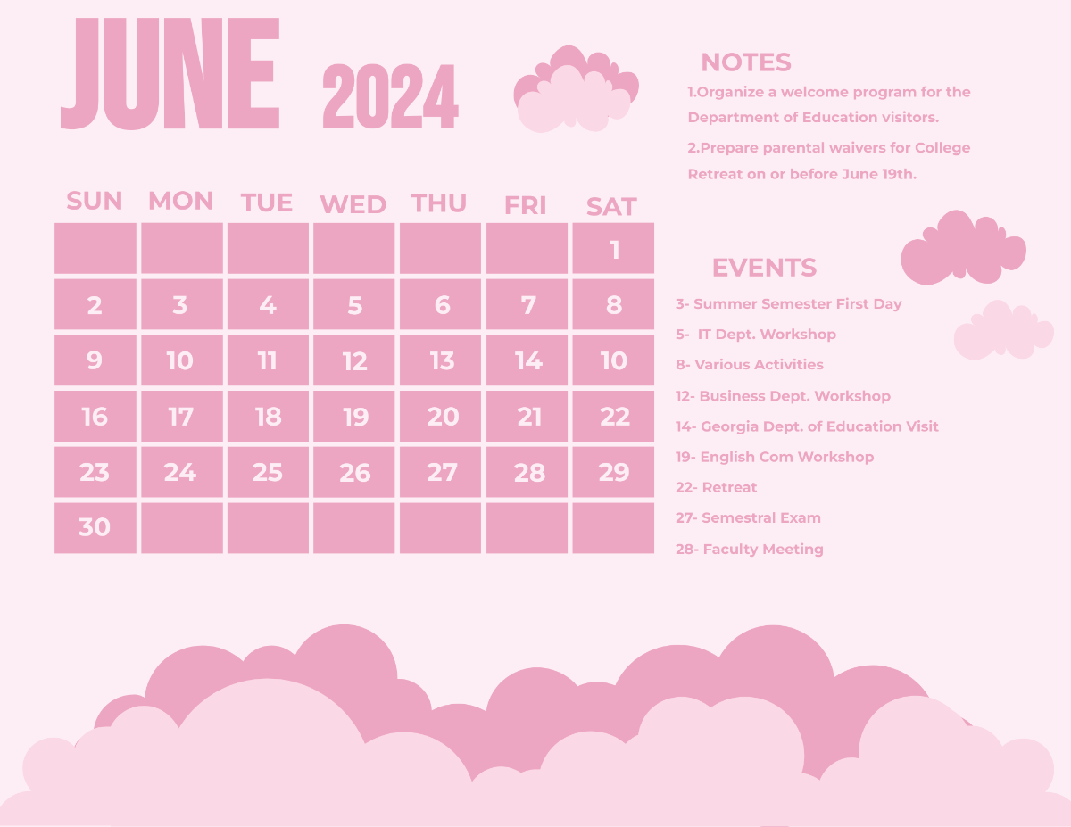 Pink June 2024 Calendar Template