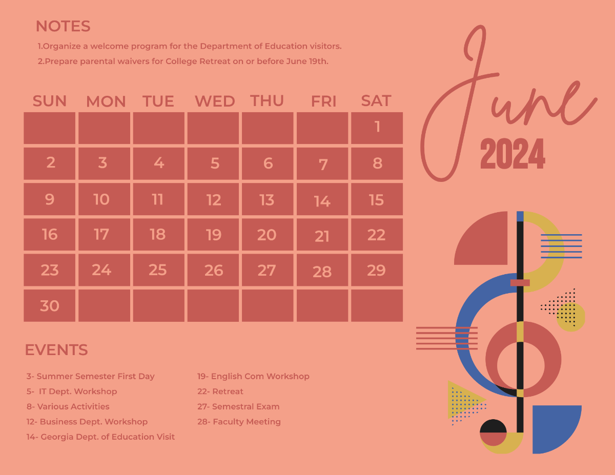 Calligraphy June 2024 Calendar Template