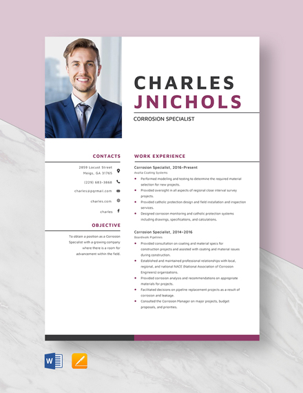 Free Corrosion Specialist Resume Template - Word, Apple Pages