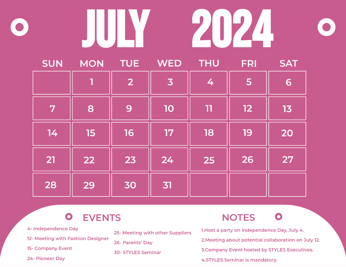 July 2024 Calendar With Holidays Template
