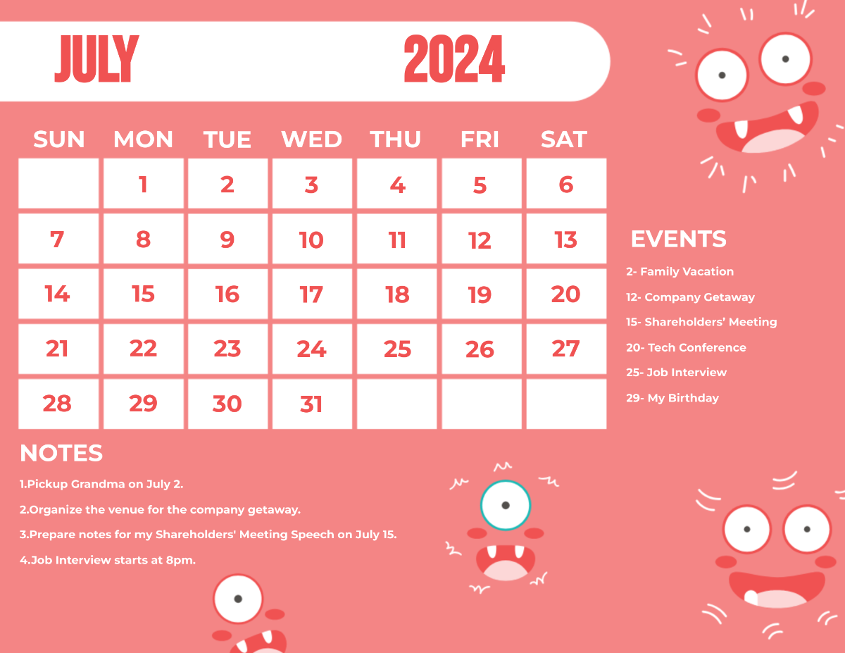 Cute July 2024 Calendar Template