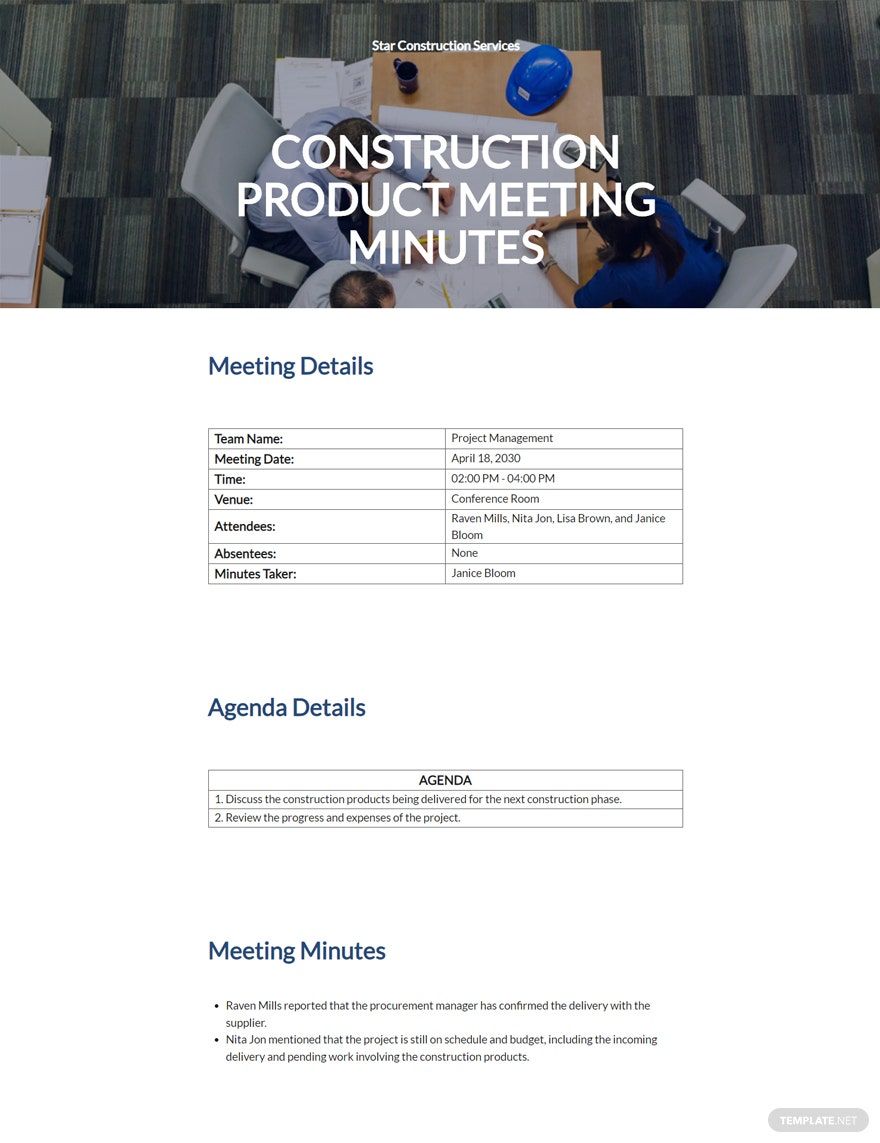 Construction Product Meeting Minutes Template