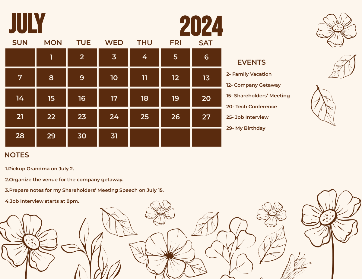 Floral July 2024 Calendar Template