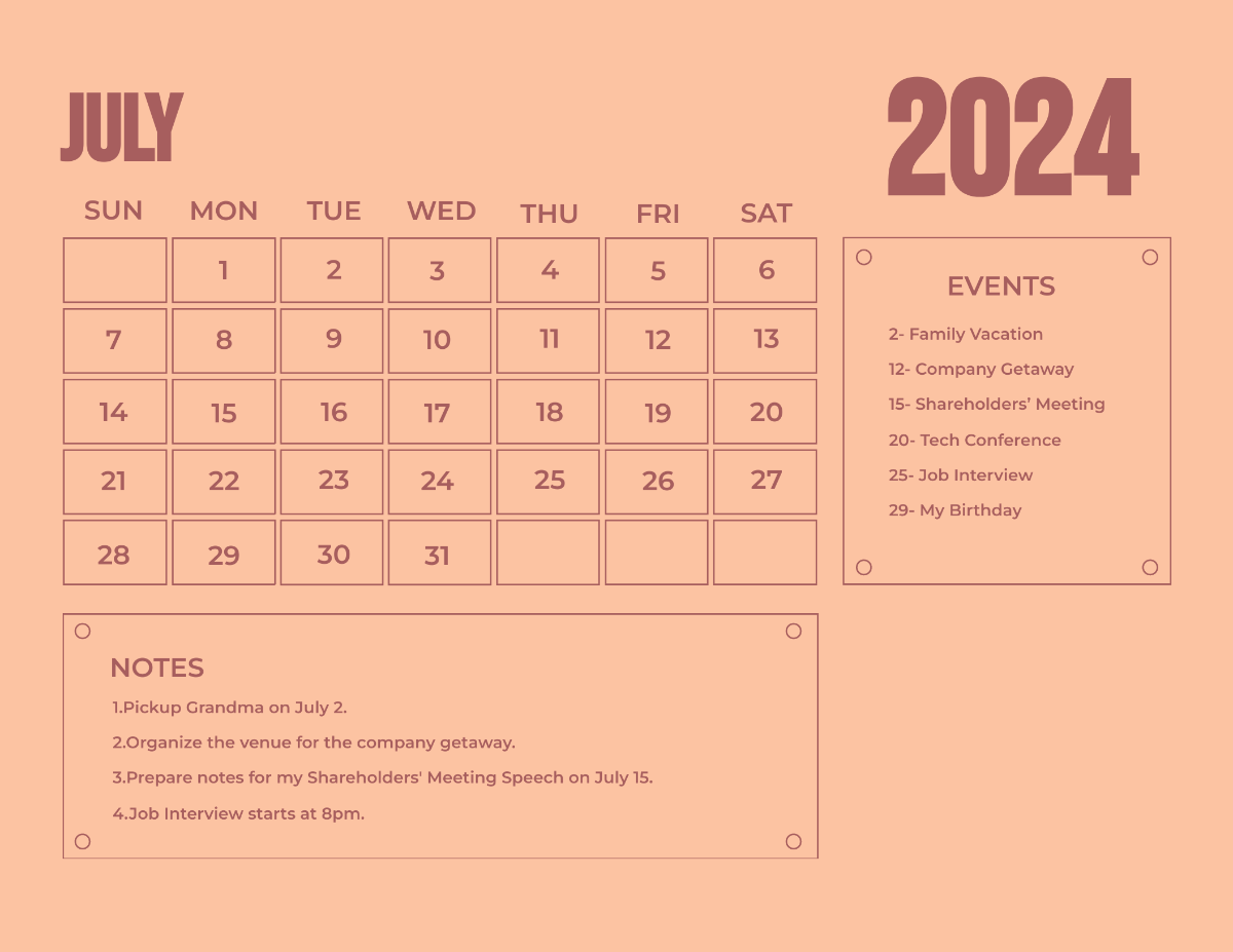 Printable July 2024 Calendar Template