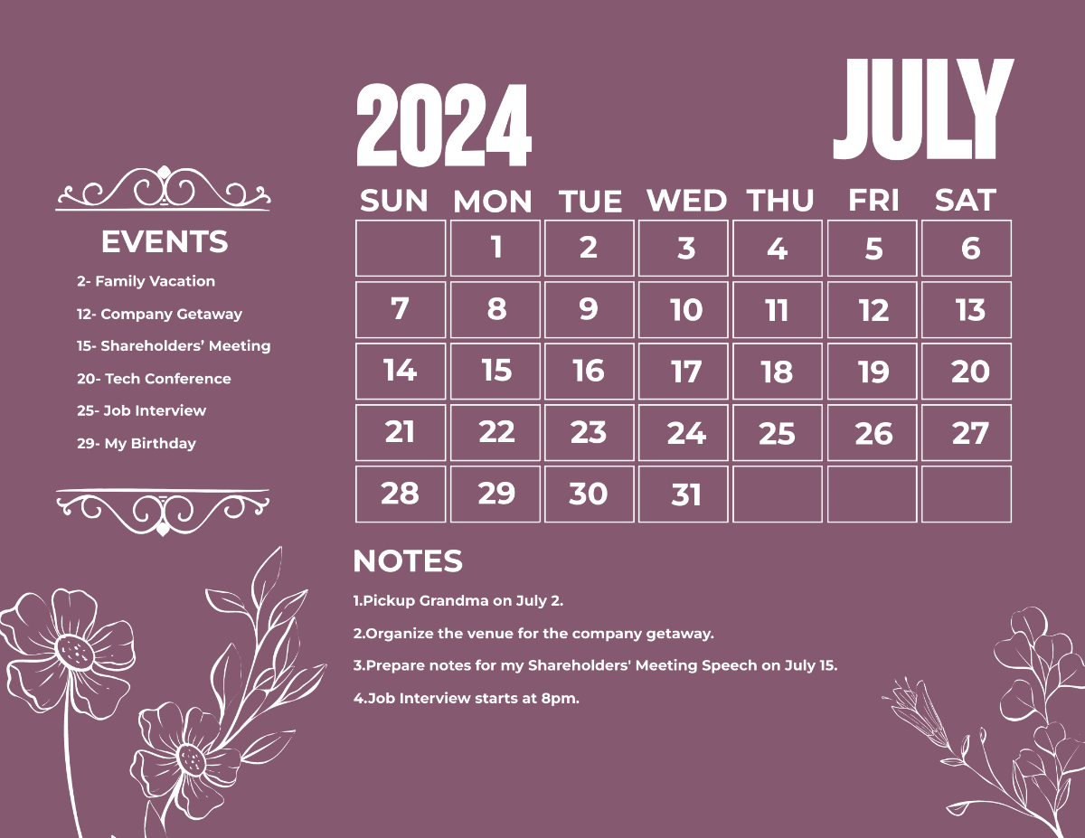 Pretty July 2024 Calendar Template