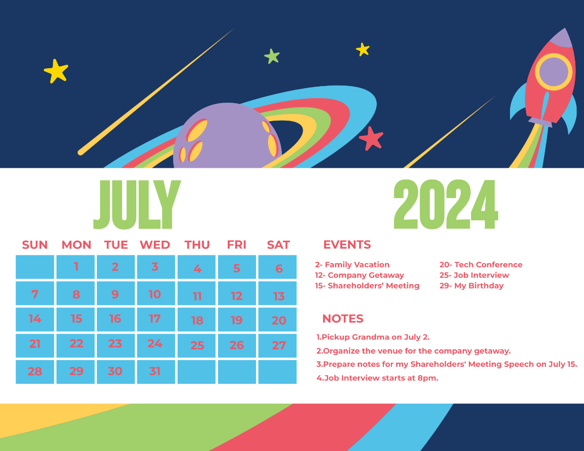 Colorful July 2024 Calendar Template