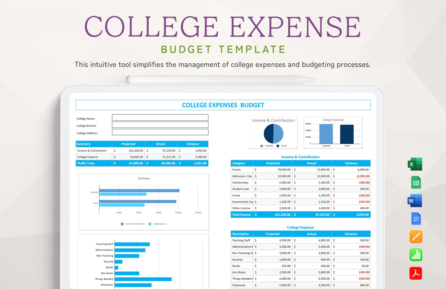 College Expense Budget Template in Word, Google Docs, Excel, PDF, Google Sheets, Apple Pages, Apple Numbers