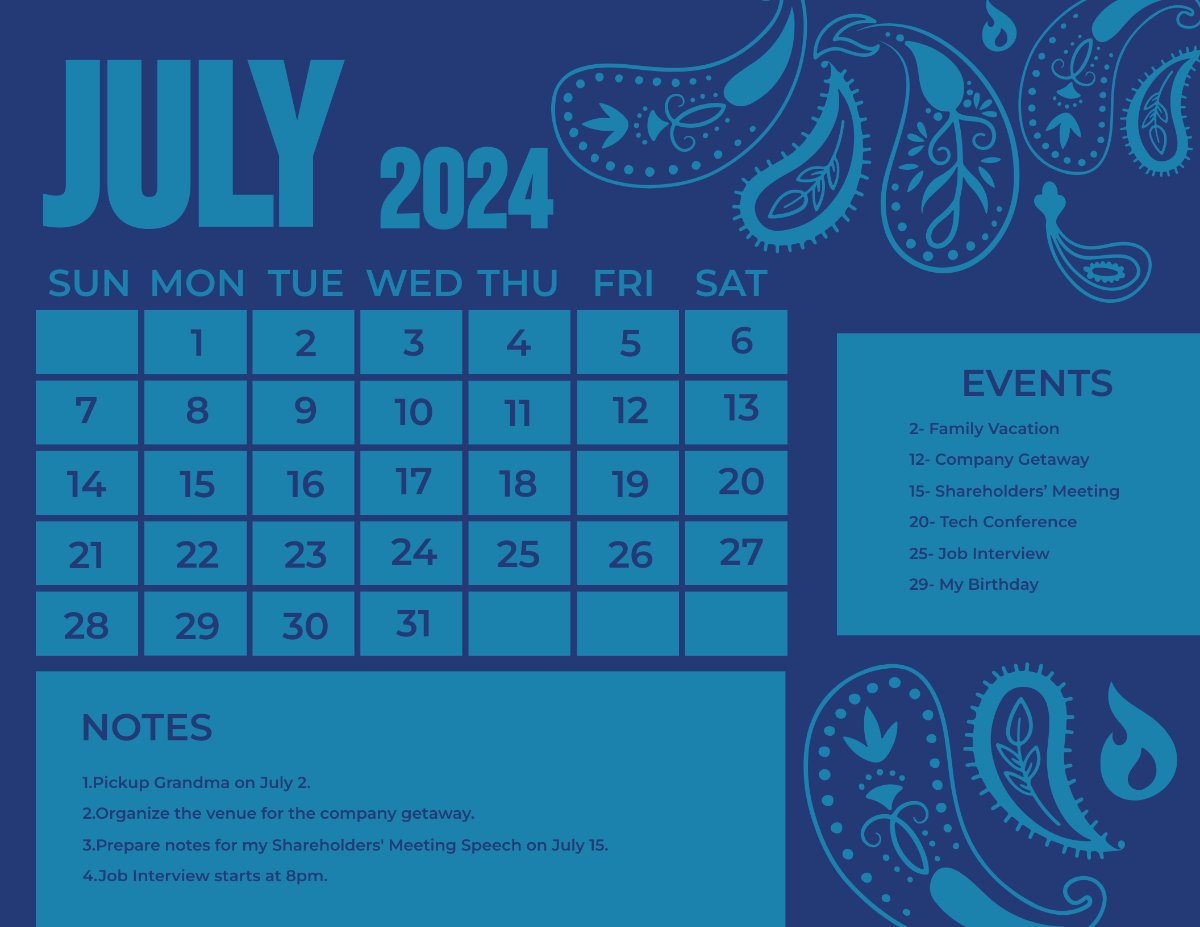 Blue July 2024 Calendar Template