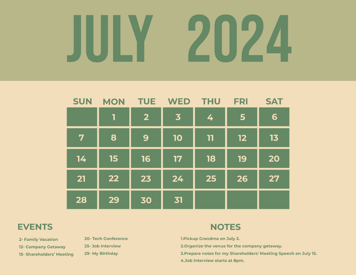 July 2024 Monthly Calendar Template