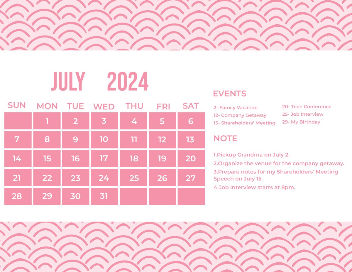 Pink July 2024 Calendar Template