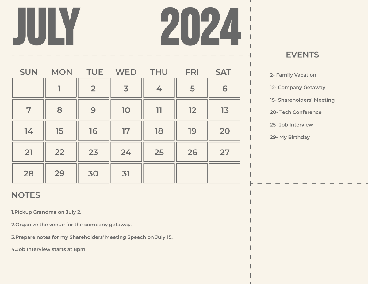 Simple July 2024 Calendar Template