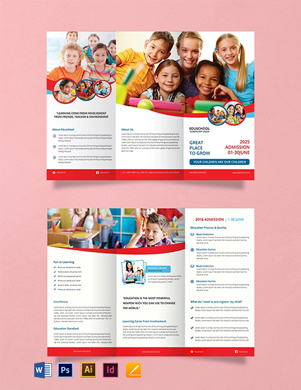 Elementary School Tri-Fold Brochure Template - Illustrator, InDesign, Word, Apple Pages, PSD