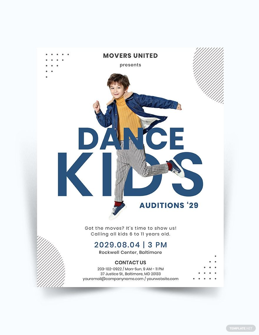 Free Kids Dance Audition Flyer Template in Word, Google Docs, Illustrator, PSD, Apple Pages, Publisher, InDesign
