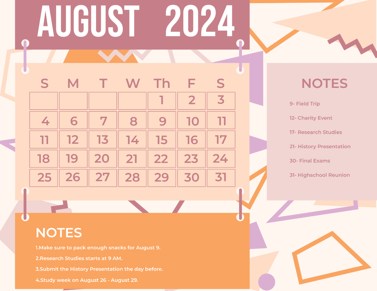 Pretty August 2024 Calendar Template