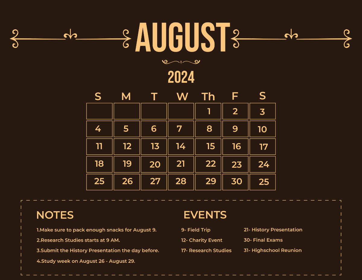 Fancy August 2024 Calendar Template