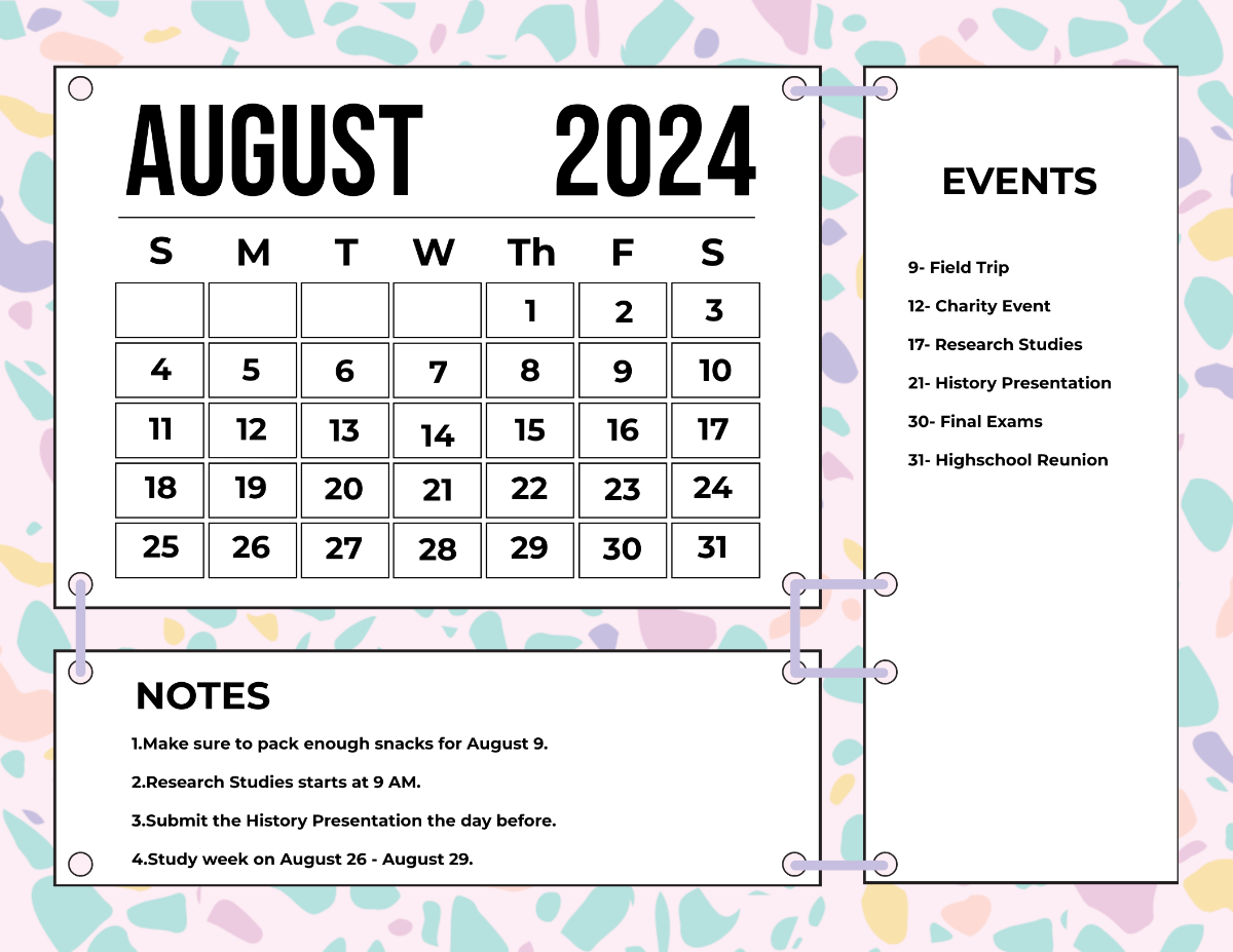 Colorful August 2024 Calendar Template