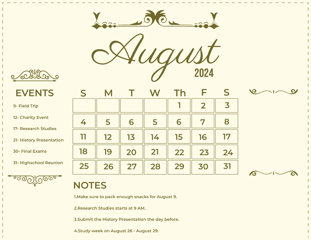 Calligraphy August 2024 Calendar Template