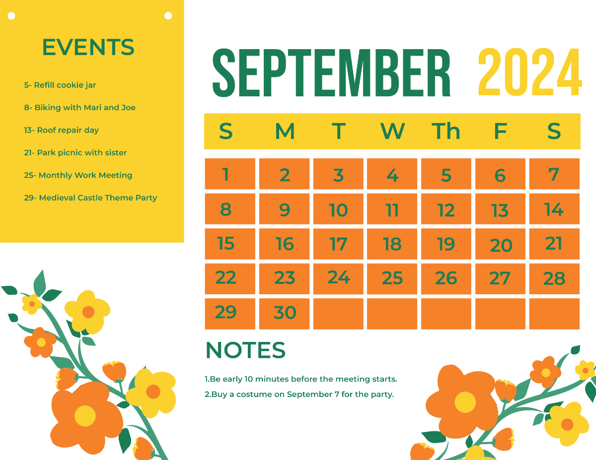 Floral September 2024 Calendar Template