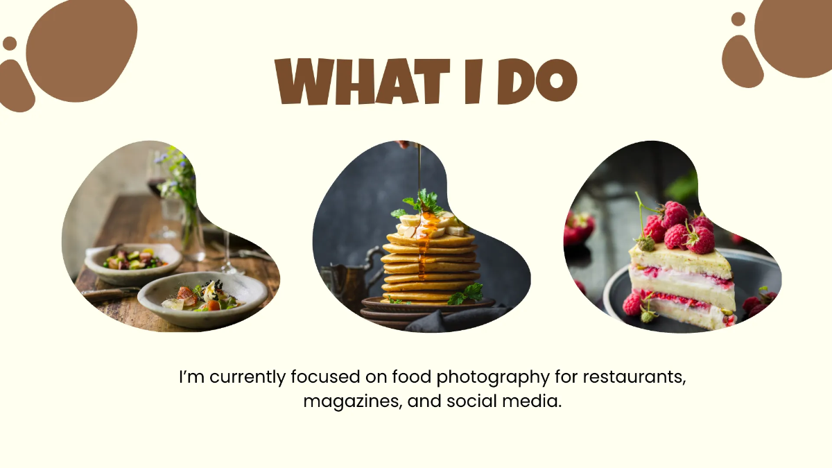 Free Food Photographer Portfolio Presentation Template to Edit Online
