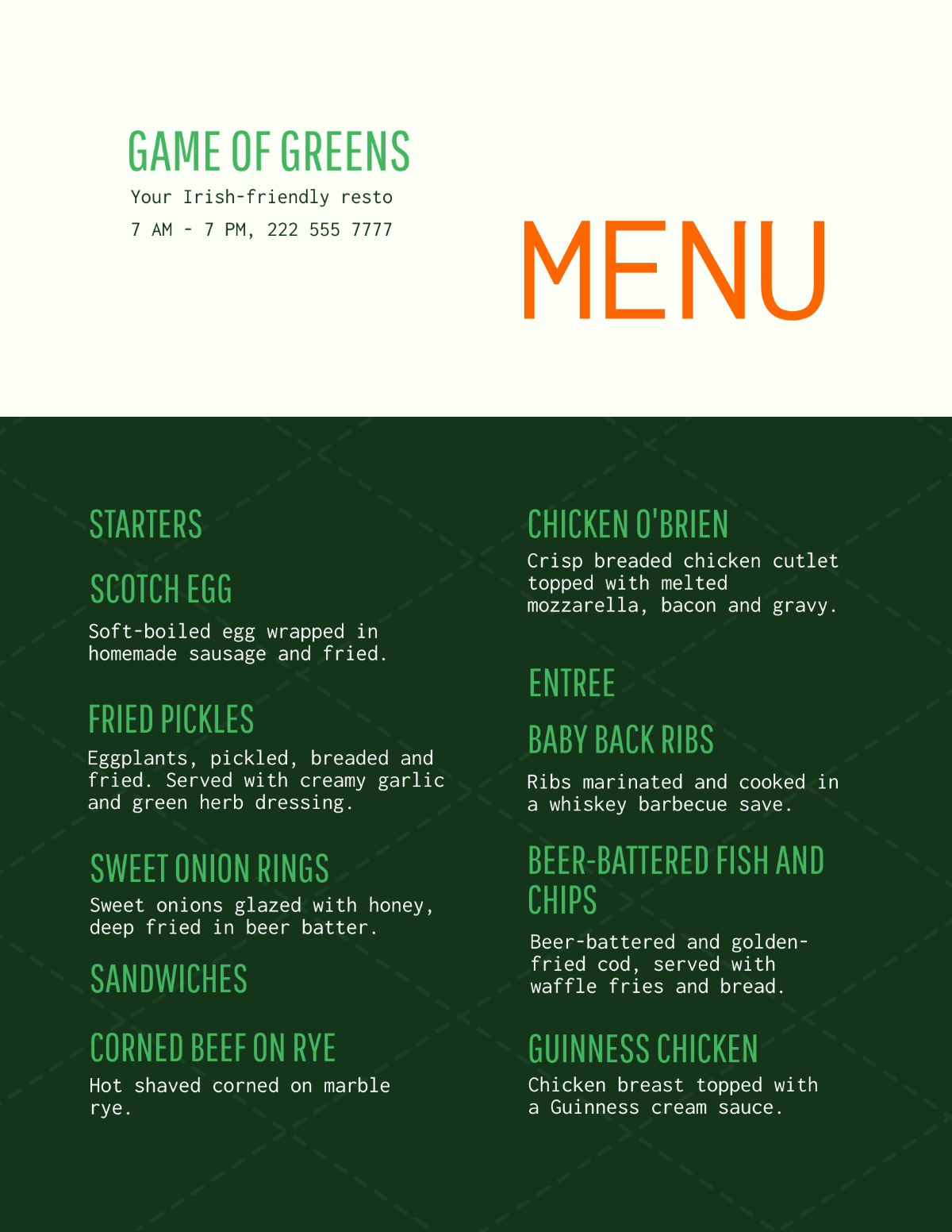 Argyle St Patricks Menu