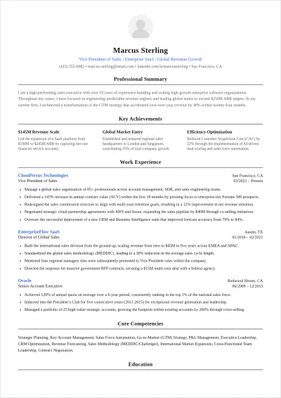 Free Vice President Of Sales ATS Resume Template, AI Resume Builder